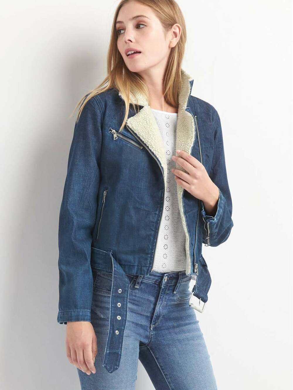 NWOT Gap Denim Sherpa Moto Jacket, DARK INDIGO SIZE XS #838554 W0129H